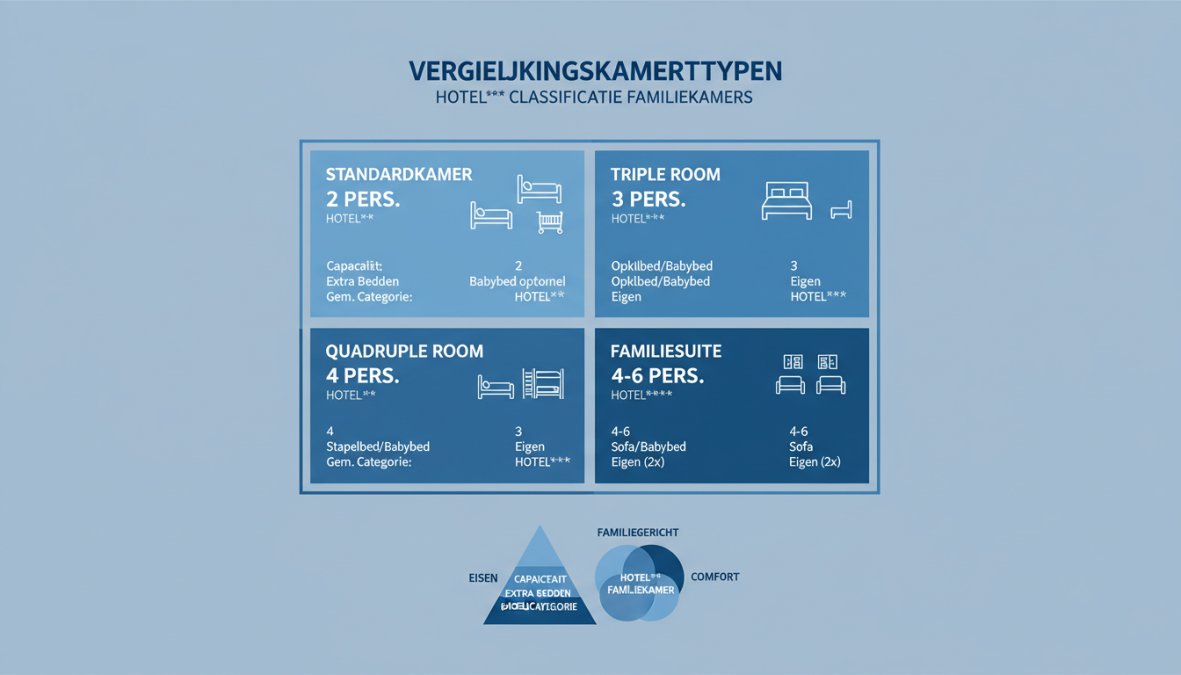 Vergelijkingsmatrix van kamertypen: standaardkamer (2 pers.), triple room (3 pers.), quadruple room (4 pers.), familiesuite (4-6 pers.) op criteria capaciteit, extra bedden (babybedje/opklapbed/stapelbed), eigen sanitair, en gemiddelde hotelcategorie-eis (hotel**, hotel***, hotel****)