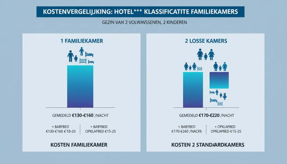 Staafdiagram kostenvergelijking: 1 familiekamer gemiddeld €130-€160/nacht versus 2 losse standaardkamers gemiddeld €170-€220/nacht gecombineerd, inclusief toeslag babybedje €10-€20 en opklapbed €15-€25, voor gezin van 2 volwassenen en 2 kinderen in hotel*** categorie