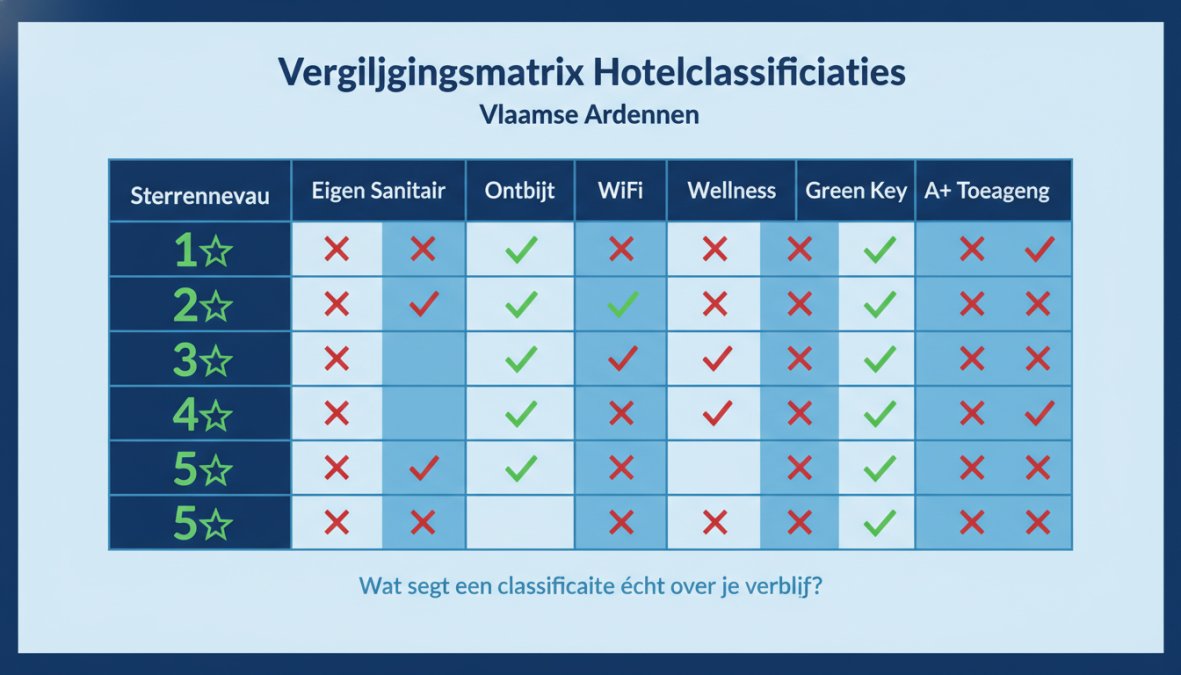 Vergelijkingsmatrix van hotelclassificaties 1 t/m 5 sterren: rijen per sterrenniveau (1 t/m 5), kolommen tonen criteria zoals eigen sanitair (ja/nee), ontbijt inbegrepen, wifi, wellness, Green Key-label en A+ toegankelijkheid, met vinkjes en kruisjes per cel