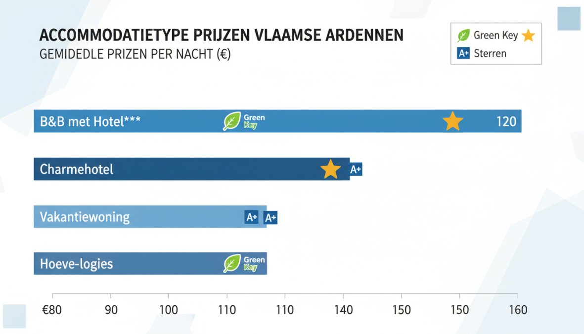 Horizontale staafdiagram met vier accommodatietypes in de Vlaamse Ardennen: B&B met Hotel*** (€90-€130), charmehotel (€110-€160), vakantiewoning (€80-€150), hoeve-logies (€85-€125), met kleurcodering voor aanwezige labels (Green Key groen, A+ blauw, sterren goud)
