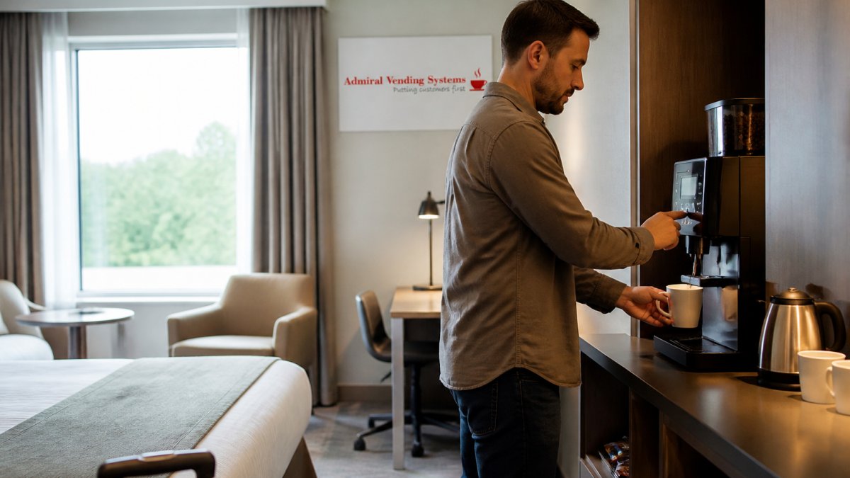 Guest in modern hotel room using sleek bean to cup coffee machine with illuminated LED display showing drink options, natural morning light from window