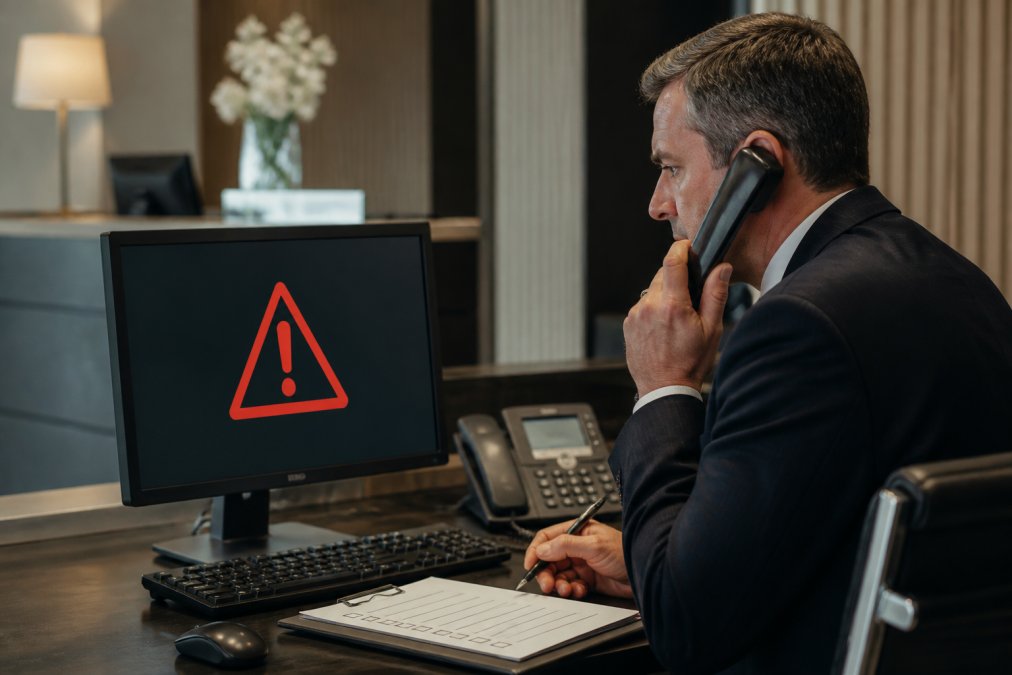Hotel manager at desk looking at computer screen showing security alert, with phone in hand and incident response checklist visible, appearing focused and ready to act