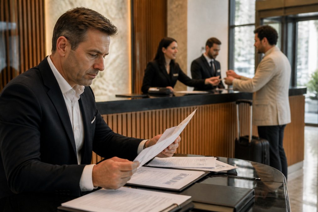 Hotel manager reviewing security protocols and cyber insurance documentation on a laptop at the front desk, with staff visible in the background managing guest check-ins and handling payment terminals