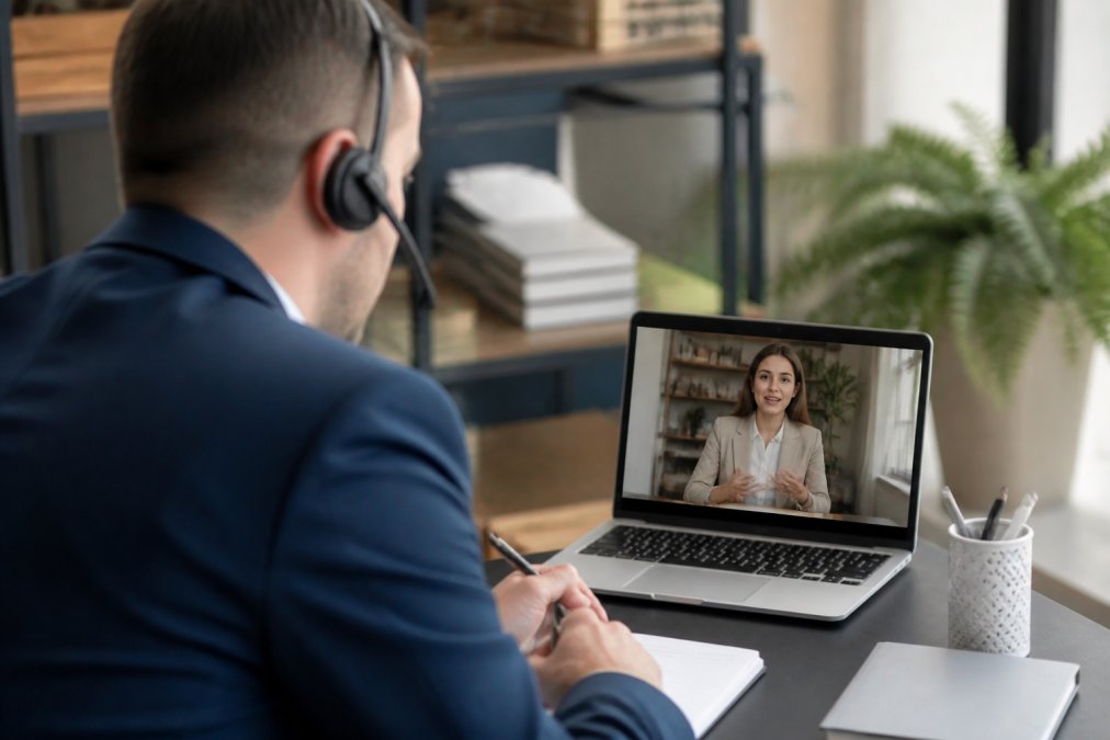 Hotel owner or IT director on a video call with an insurance representative, laptop screen visible displaying the cyber insurance quote process and coverage options