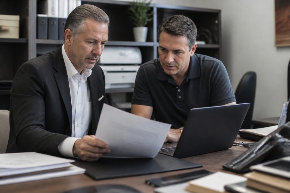 A hotel general manager and IT director reviewing insurance documents and a laptop showing a security dashboard in a back office