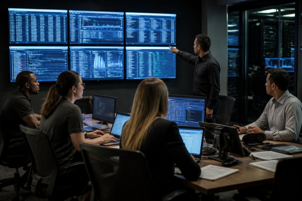 Hotel IT and security staff gathered in a dimly lit command center, monitoring multiple screens showing network activity dashboards while coordinating a response during a cyber incident