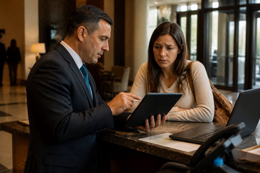 A hotel manager speaking with a concerned guest at the front desk, both looking at a tablet, with a laptop and reservation system visible in the background