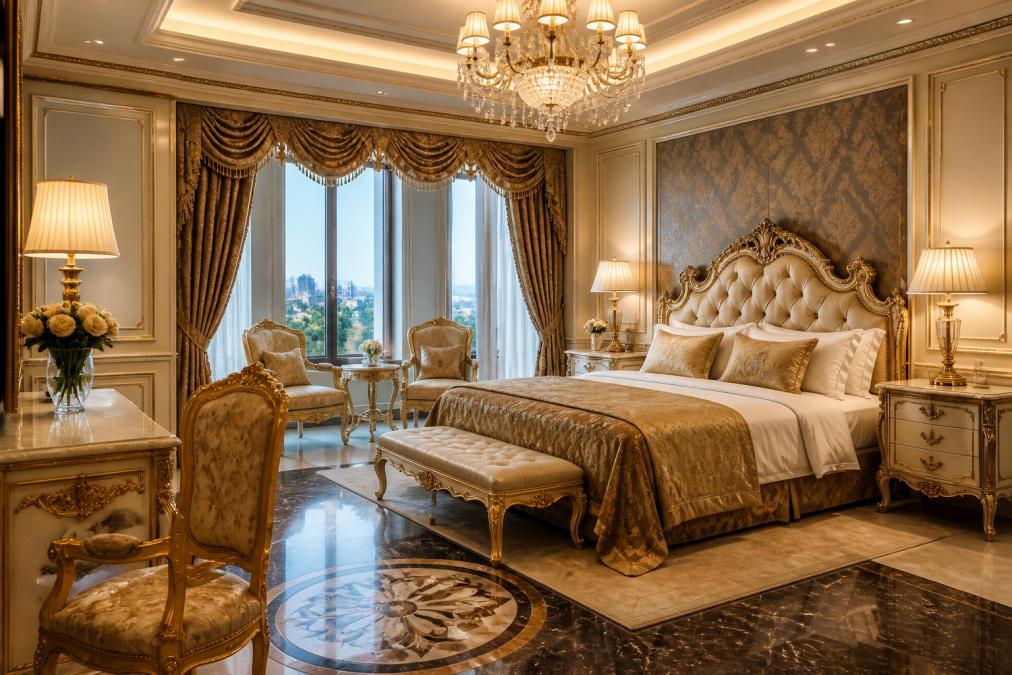Elegantes Hotelzimmer im Luxussegment mit hochwertigen Möbeln im Barockstil, edlen Textilien und stimmungsvoller Beleuchtung, die den Wert der Einrichtung sichtbar macht