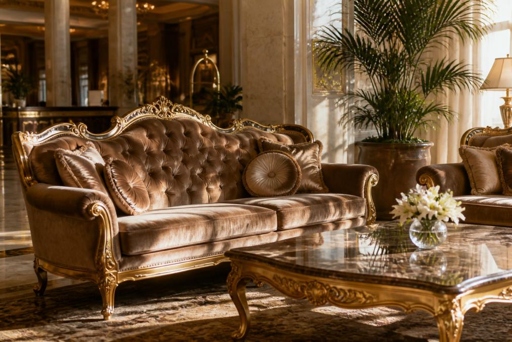 Elegante Hotellobby mit einem samtenen Barock-Sofa, goldenen Akzenten und einem detailreichen Marmortisch, warmes Abendlicht fällt über die Polster