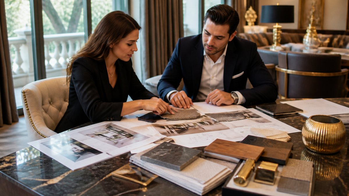 Innenarchitekt und Hotelmanager sitzen an modernem Konferenztisch mit Farbmustern, Materialproben und Designzeichnungen für ein Hotelprojekt, natürliche Beleuchtung durch große Fenster