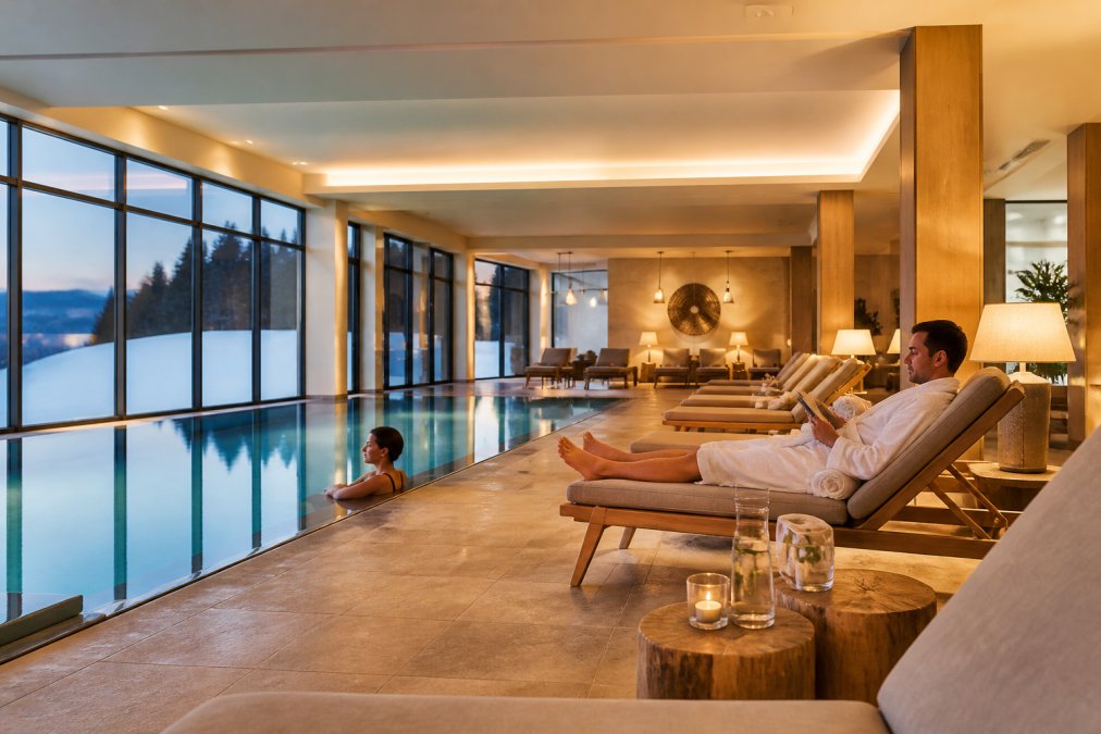 Luxuriöser Wellnessbereich mit großem Hallenbad, eleganten Ruheliegen, warmen Lichtverhältnissen und Gästen beim Entspannen in moderner Spa-Atmosphäre