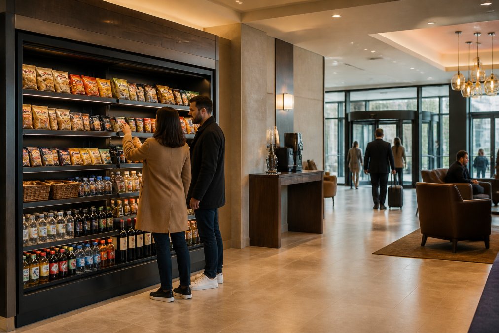 Modern hotel lobby featuring a sleek self-service micro market kiosk stocked with premium drinks and snacks, guests browsing products with warm ambient lighting