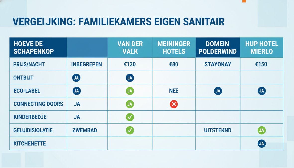 Vergelijkingsmatrix van 6 hotels: Hoeve de Schapenkop (ontbijt inbegrepen, eco-label Ja, connecting doors Ja, kinderbedje Ja), Van der Valk (€120/nacht, zwembad Ja), MEININGER Hotels (€80/nacht, eco-label Nee), Stayokay (€90/nacht, ontbijt Ja), Domein Polderwind (€110/nacht, geluidsisolatie uitstekend), HUP Hotel Mierlo (€150/nacht, kitchenette Ja)