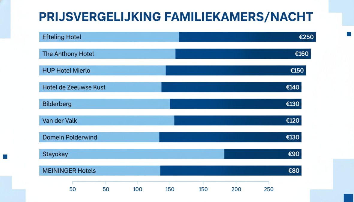 Staafdiagram prijsvergelijking per nacht voor gezinshotels: MEININGER Hotels €80, Stayokay €90, Domein Polderwind €110, Van der Valk €120, Bilderberg €130, Hotel de Zeeuwse Kust €140, HUP Hotel Mierlo €150, The Anthony Hotel €160, Efteling Hotel €250