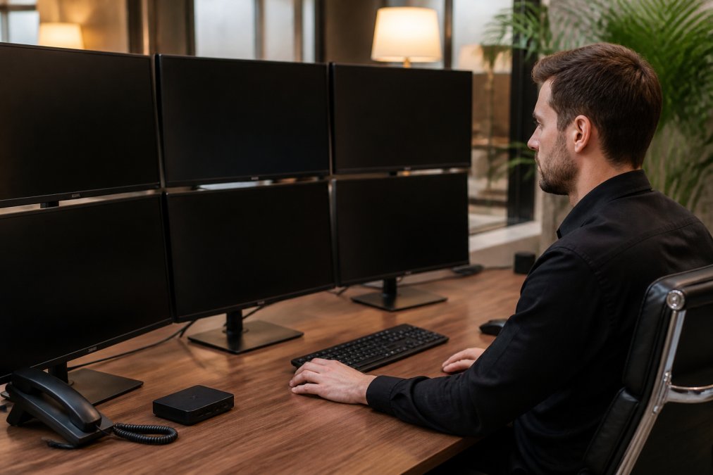 Hotel IT staff member managing hotel PMS cyber security protocols on multiple monitors in a modern office
