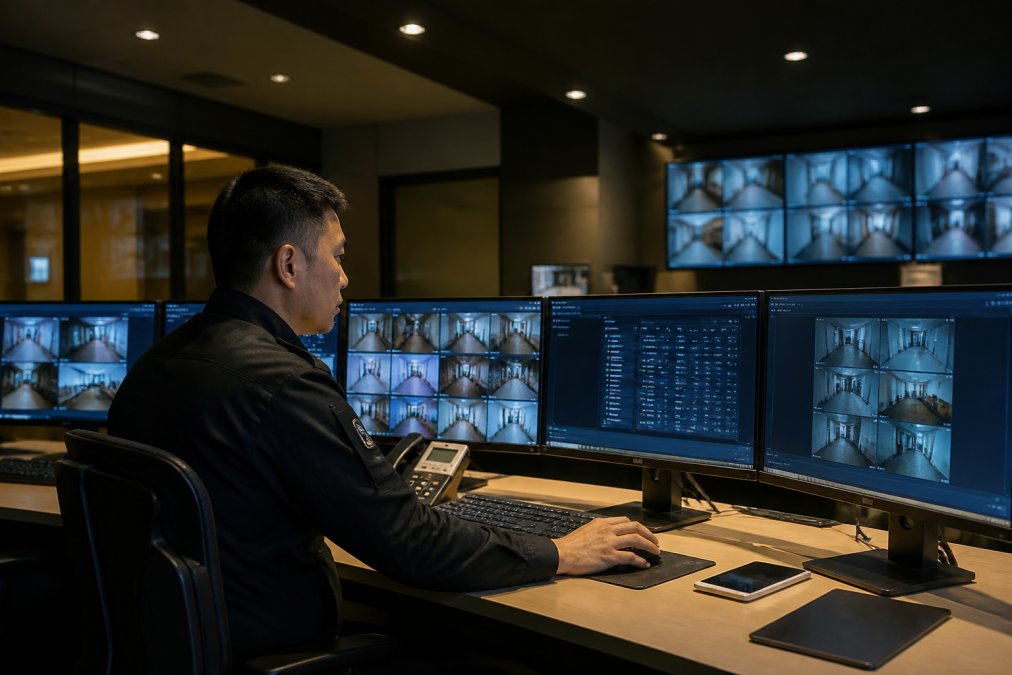 Hotel security officer monitoring multiple computer screens displaying system logs and alerts in a modern hotel security operations center, with dim lighting and real-time threat dashboards visible
