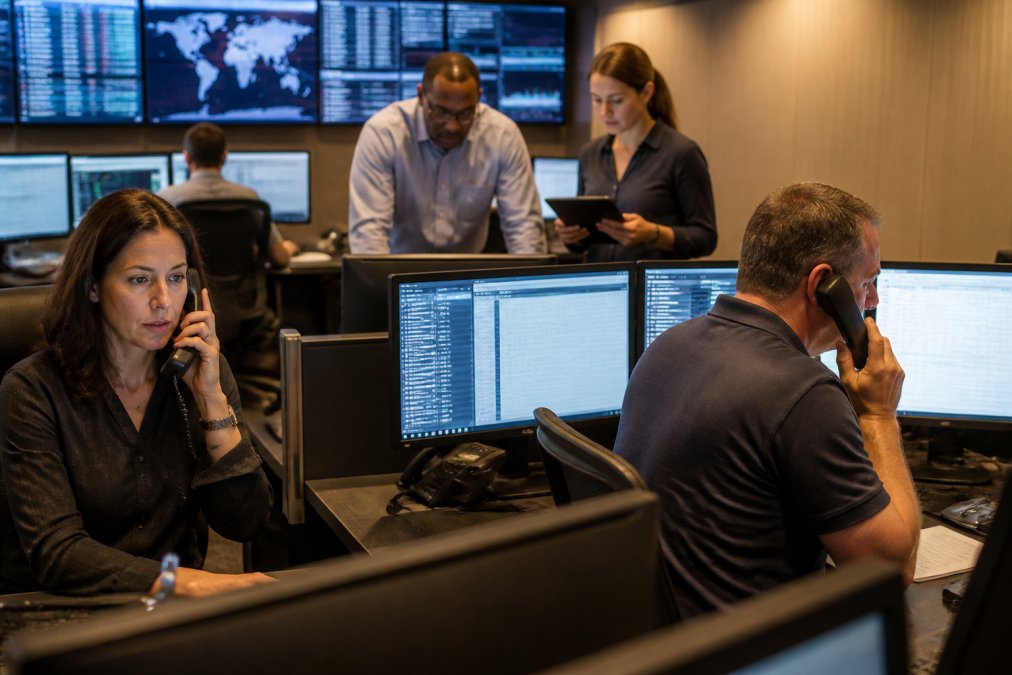 Experienced incident response team collaborating in a modern security operations center during an active breach response, with team members on phones and monitoring multiple screens showing real-time alerts and forensic data, warm office lighting