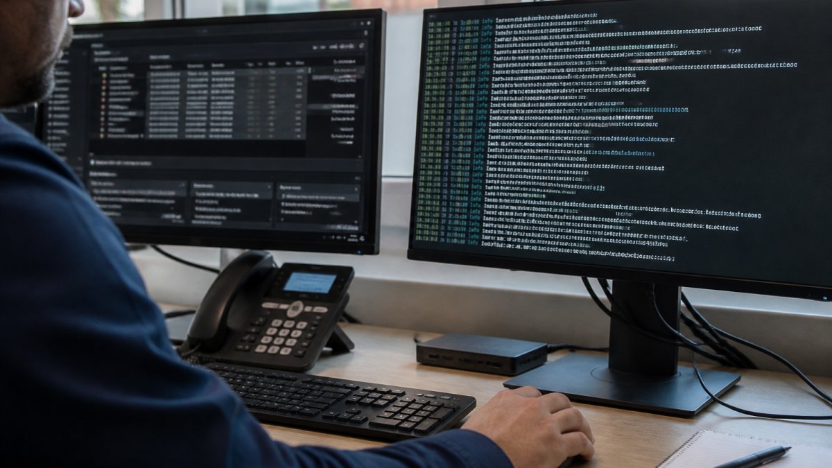 Hotel IT staff member at computer workstation with multiple monitors displaying system diagnostics and network isolation protocols during incident response