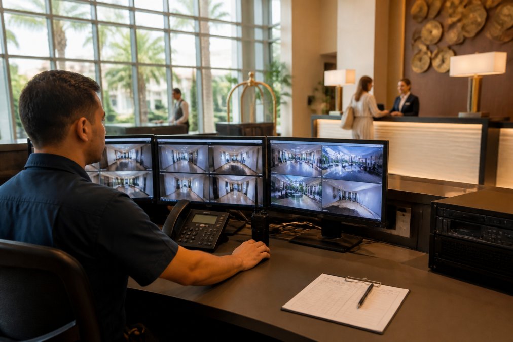 IT professional monitoring security systems on multiple screens at a hotel front desk control station, with hotel staff visible in the background managing guest check-ins, natural daylight streaming through windows