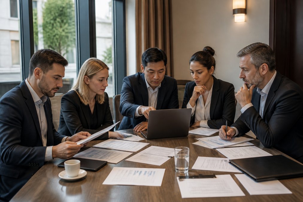 Hotel management team in a modern conference room reviewing incident response procedures on a laptop and printed documents spread across a table, natural light from windows