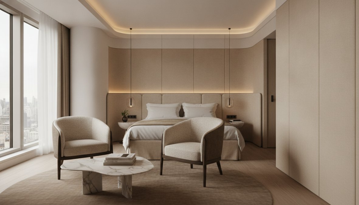 Elegantes Hotelzimmer mit organisch geformten Sesseln in Creme und Beige, fließende Silhouetten, warme Beleuchtung durch Kristalllüster, luxuriöse Textilien und dunkles Holz