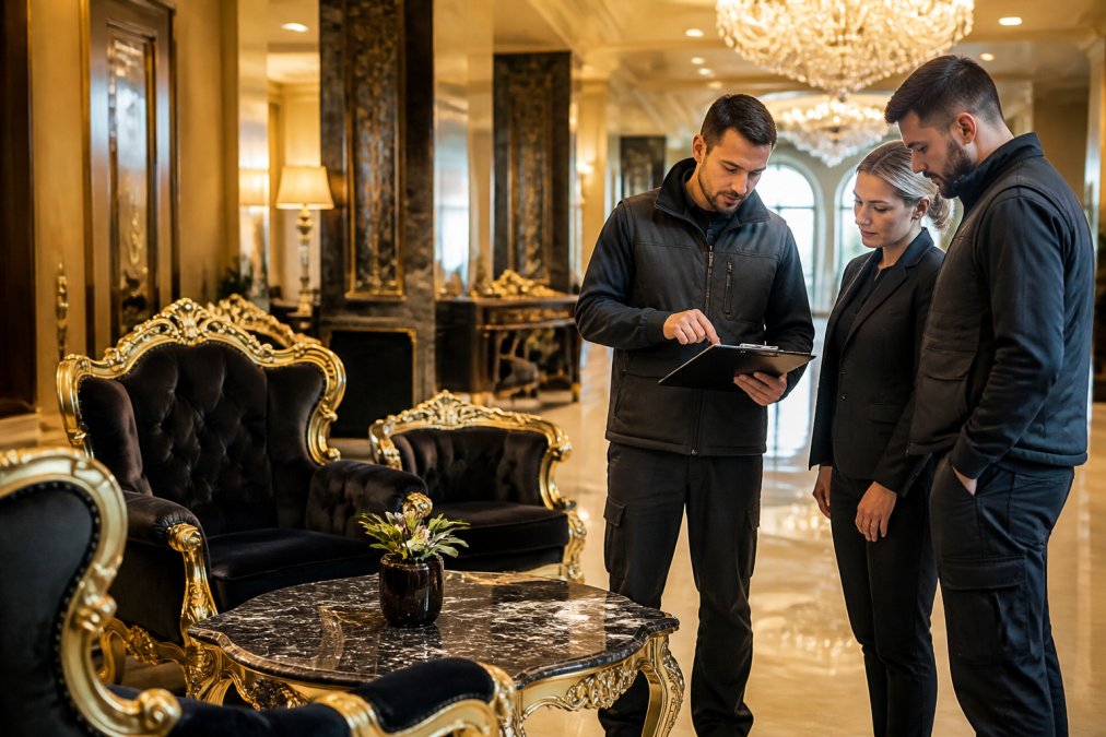 Elegante Hotellobby mit barocken Sesseln und Marmortischen, daneben prüft ein Logistikteam einen Lieferplan auf einem Tablet, warmes Licht, luxuriöse Atmosphäre