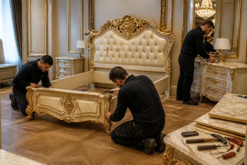 Professionelles Montageteam beim sorgfältigen Aufbau von eleganten Barockbetten und Marmor-Kommoden in einem luxuriösen Hotelzimmer, mit Handwerkzeugen und exquisiter Einrichtung im Hintergrund