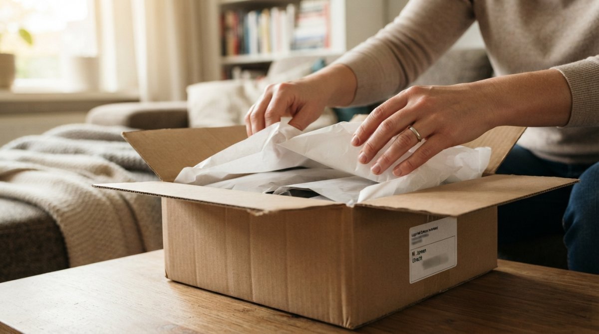 Close-up van neutrale kartonnen doos met discrete labeling, voorzichtig geopend met handen die voorzichtig tissue-papier opzij schuiven in een rustig huisinterieur