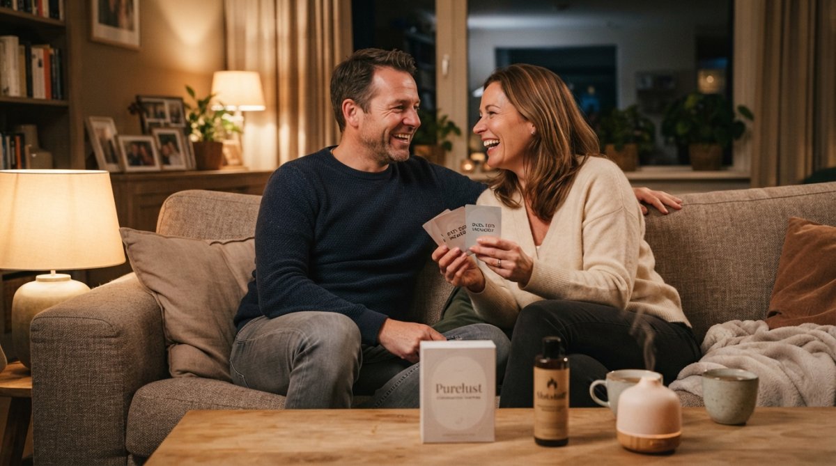 Koppel zittend op een comfortabele bank in een warm, zacht verlicht interieur, in gesprek met elkaar, lachend en zich op hun gemak voelend
