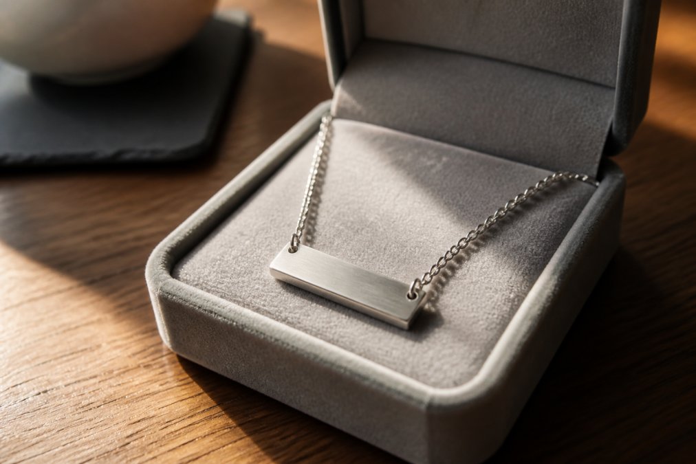 Engraved stainless steel name necklace on a velvet box, one of the hottest gifts for 2026.