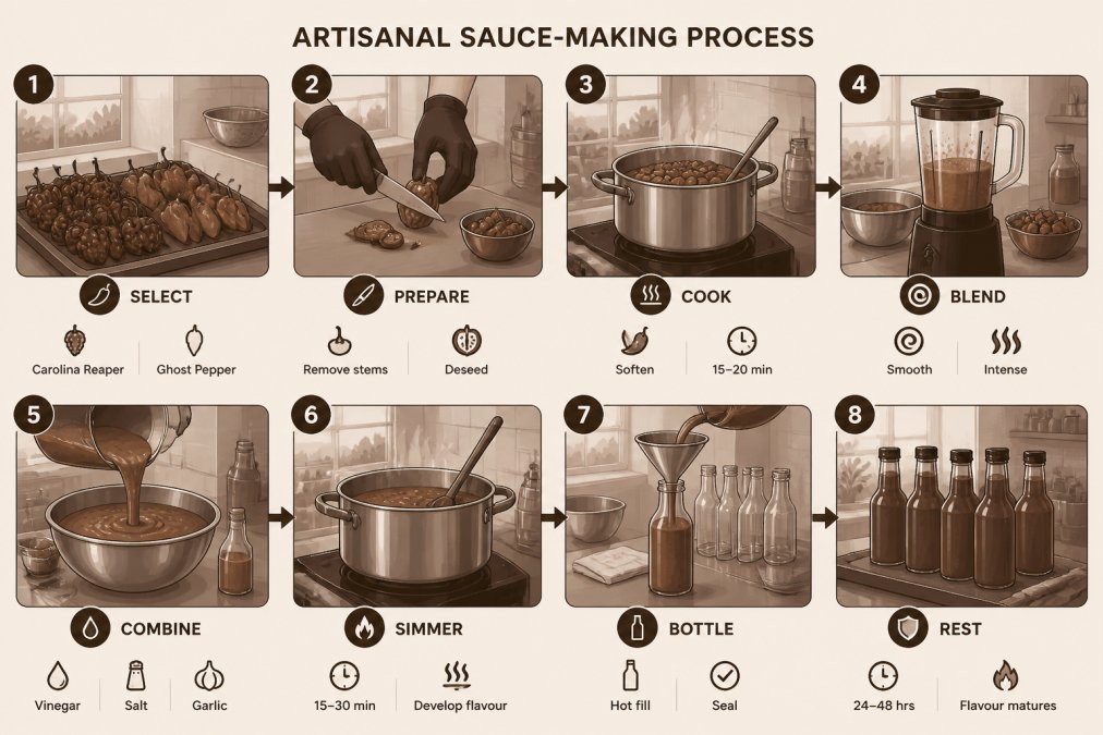 Close-up of fresh Carolina Reaper and Ghost Pepper chillies being hand-prepared and blended in a small-batch kitchen environment, with stainless steel equipment and natural daylight through windows, showing careful artisanal sauce-making process