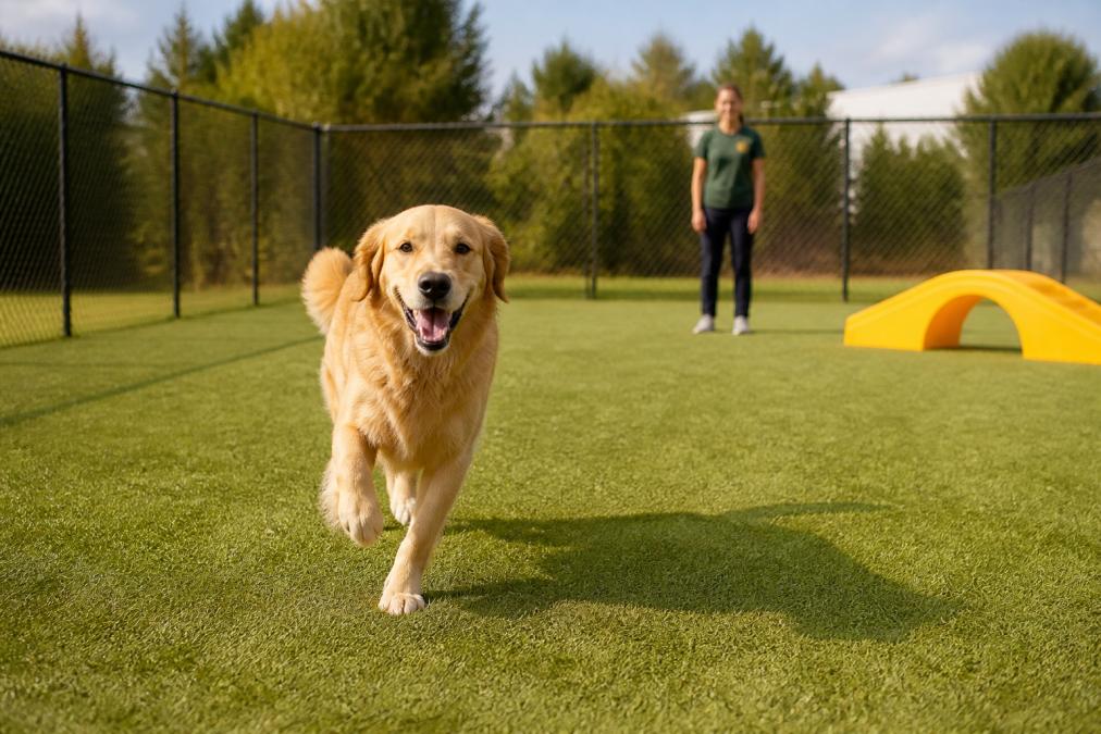 Golden retriever running in a spacious yard at a top-rated facility among local houndstown alternatives.