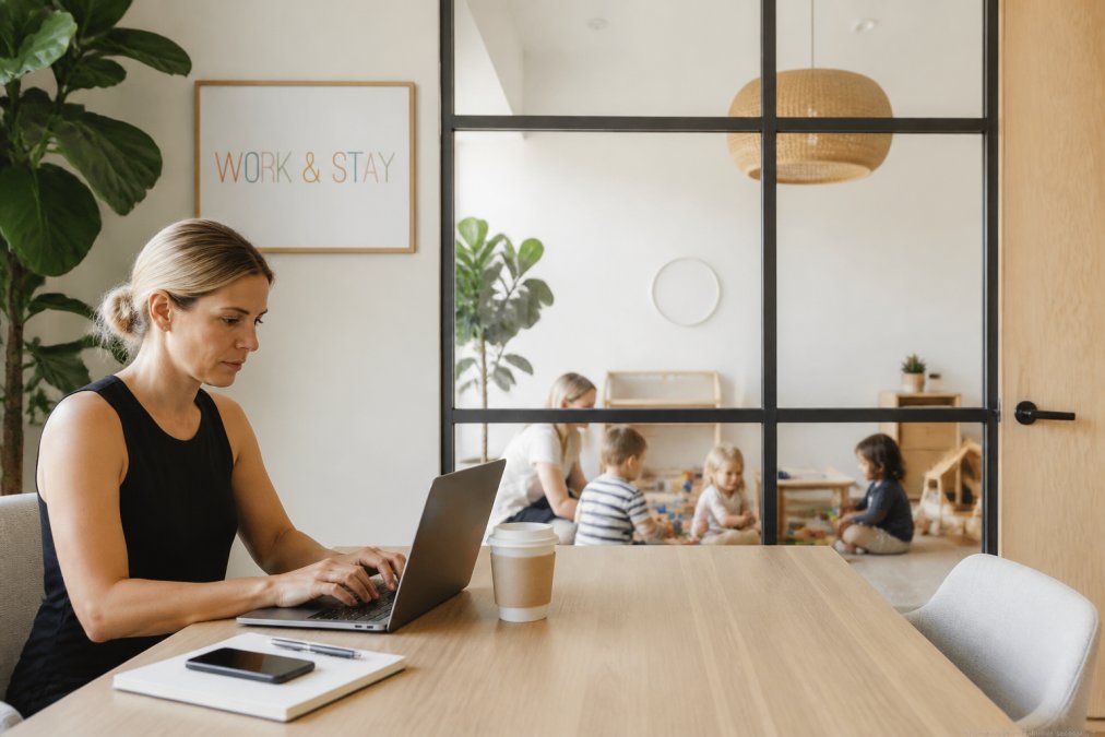 A parent working at a laptop in a quiet, professional workspace with natural lighting while visible through a window, children playing safely in a separate supervised childcare area nearby