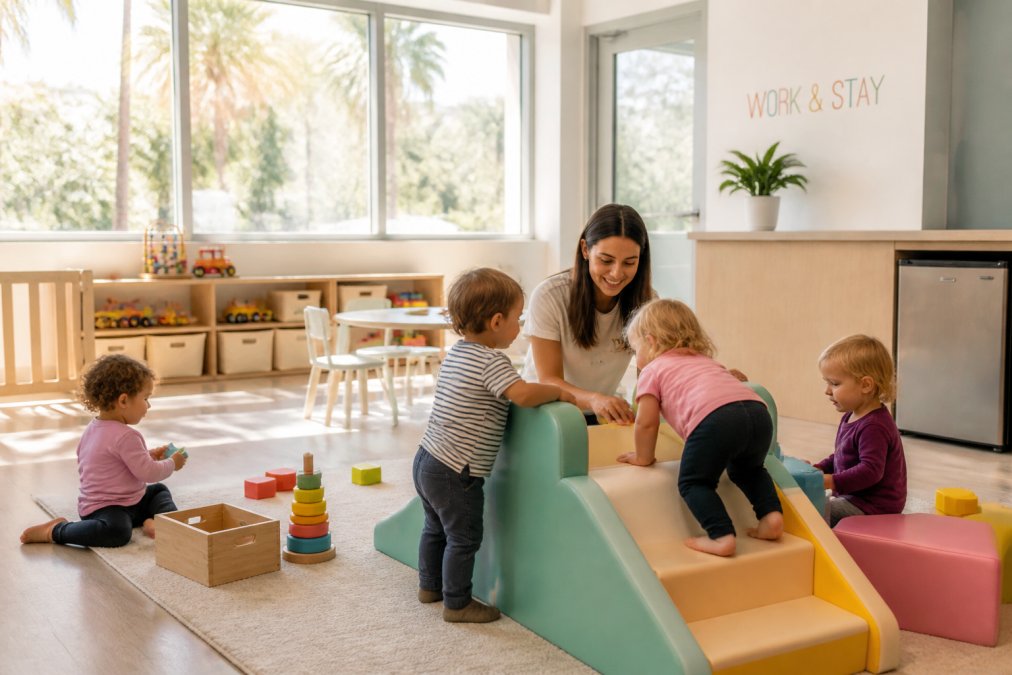A bright, clean indoor play area with age-appropriate equipment, colorful toys, and a staff member supervising toddlers engaged in supervised play activities, natural sunlight streaming through windows