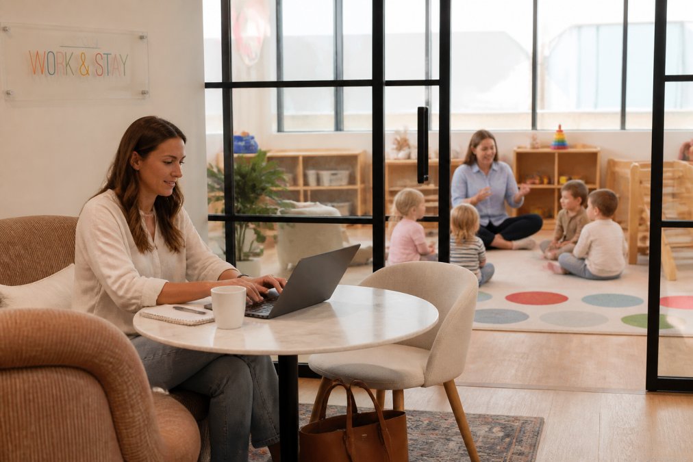 A parent working on a laptop in a bright, quiet coworking lounge while a teacher leads a small group of toddlers in a colorful classroom visible through a glass partition
