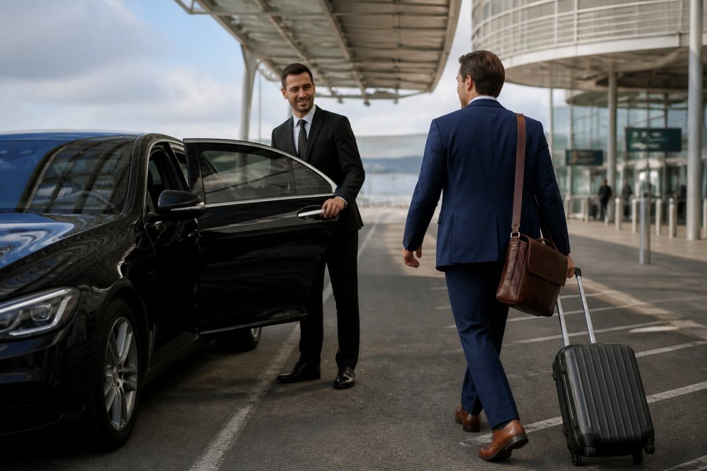 Professional chauffeur in formal attire standing beside a luxury sedan in an airport terminal with a business traveller approaching with luggage and a suitcase