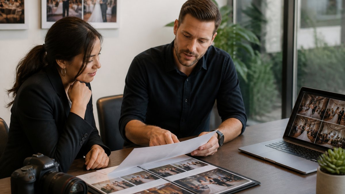 A professional event photographer reviewing a printed contract and coverage schedule with a client at a modern desk, a laptop showing a gallery of event photos nearby