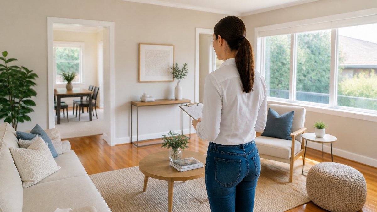 Homeowner reviewing a bright, decluttered living room with fresh neutral paint and clean surfaces, natural light streaming through windows, showing a property prepared for appraisal inspection