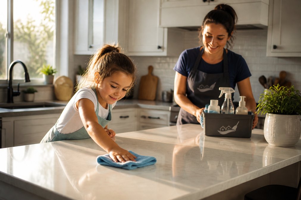A parent and young child cleaning together in a bright, sunlit kitchen; the child wipes down a white countertop with a microfiber cloth while the parent organizes supplies in a nearby caddy