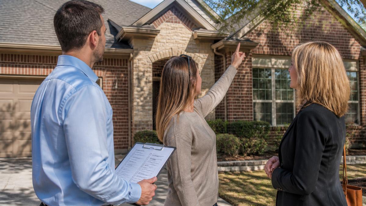 A couple standing on the front walk of a suburban Texas brick home, one holding a clipboard checklist and the other pointing at the roofline, with a real estate agent beside them in bright afternoon light