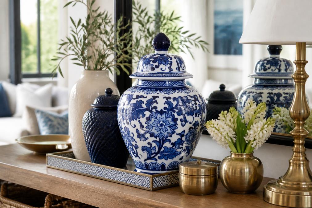 Beautifully styled living room console table featuring layered decor with navy textured ginger jars, blue-and-white chinoiserie tray, botanical stems in ceramic vessels, and vintage brass accents arranged with intentional spacing and warm natural light from nearby window