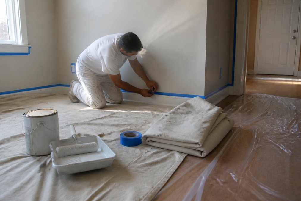 Professional painter carefully taping trim and protecting hardwood floors with plastic sheeting and drop cloths before beginning interior wall painting