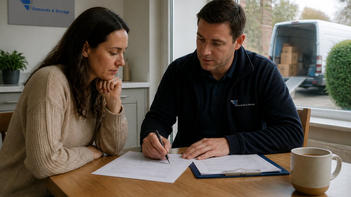 A homeowner and a removal company representative reviewing a written quote and checklist together at a kitchen table, with a moving van parked outside the window in soft morning light