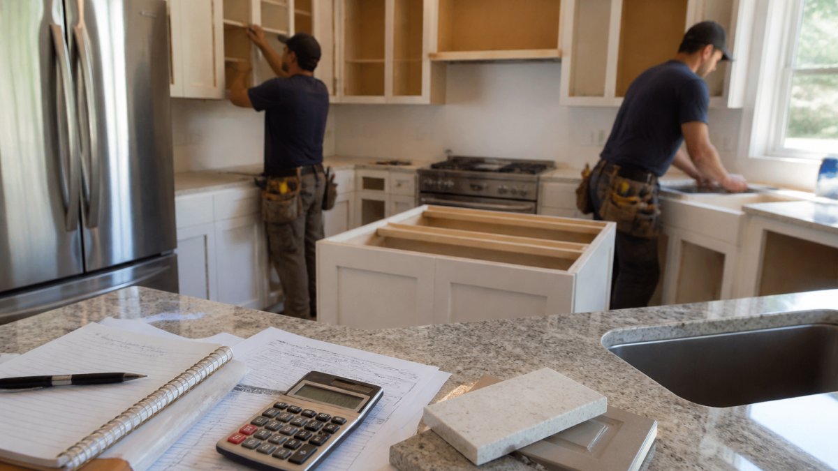 Contractors installing white cabinets and granite countertops during a house renovation cost project