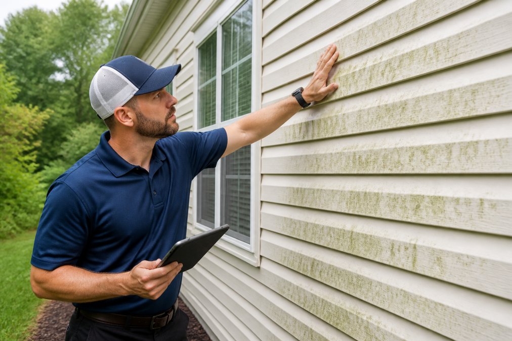Professional technician inspecting house exterior siding before soft washing, noting mold and algae spots on vinyl surface under natural daylight