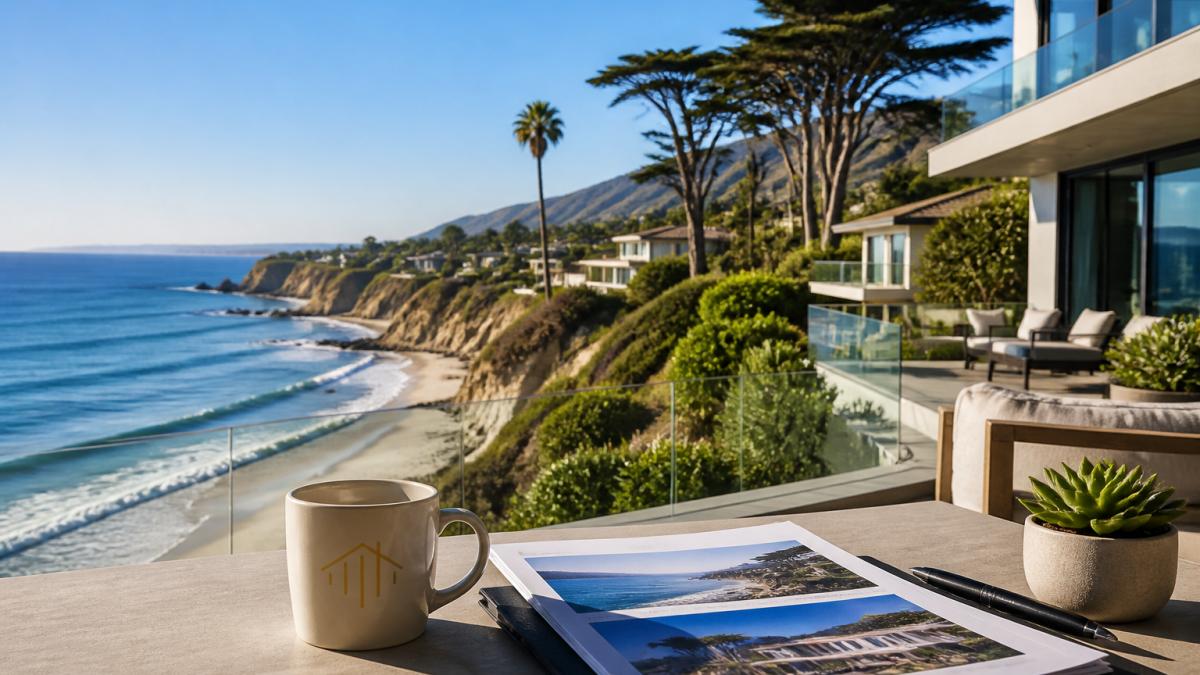 Modern beachfront houses for sale Malibu overlooking the Pacific Ocean, golden cliffs, and sunny sandy beaches.
