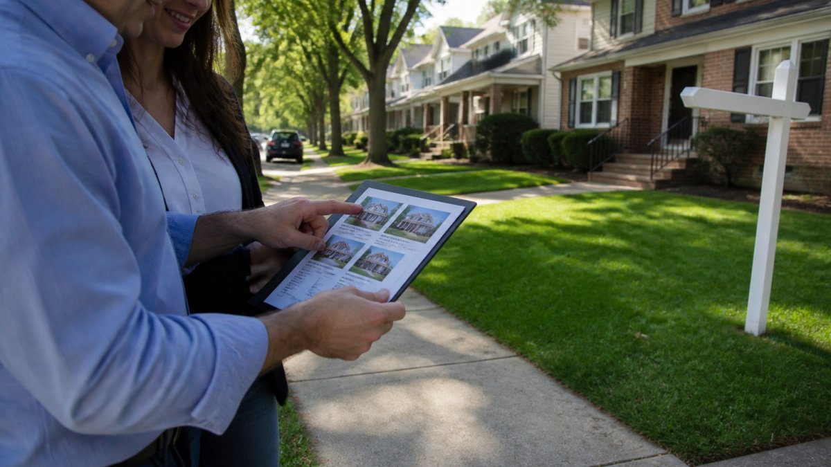 A tree-lined residential street in Nutley, New Jersey, with a mix of single-family homes, well-kept lawns, and a For Sale sign in front of one house under bright daylight