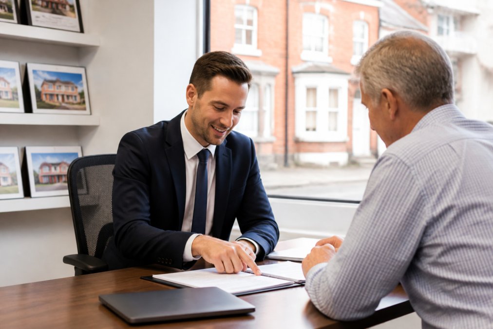 A letting agent in smart attire reviewing property documents with a landlord at a clean desk, a computer screen showing property listings visible in the background, bright office lighting