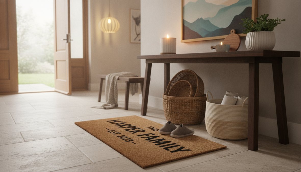 Beautifully styled entryway featuring a custom family doormat at the entrance, with welcoming home décor, warm lighting, and a cozy aesthetic creating an inviting first impression
