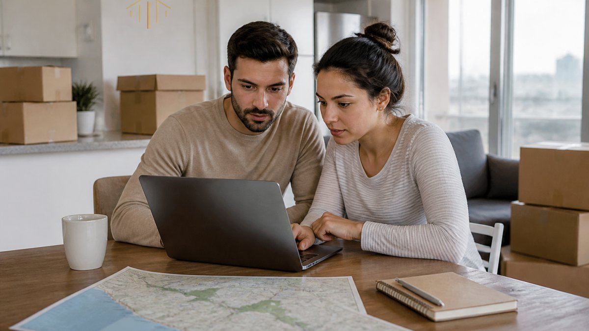 A young professional couple reviewing a rental listing on a laptop at a kitchen table, with moving boxes and a folded Ventura County map visible in a sunlit apartment